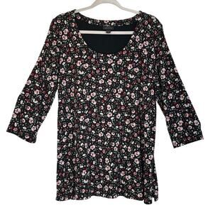 J.Jill Wearever Collection M Black/Pink Floral Print 3/4 Sleeves Lining Blouse